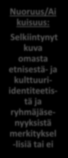KULTTUURI-IDENTITEETTI lähde: Saija Benjamin, 2012 Varhaislapsuus: Selkiintymätön etninen identiteetti Perheen arvojen ja asenteiden omaksuminen Kouluikä: Tietoisuus omasta etnisyydesä Tietoisuus