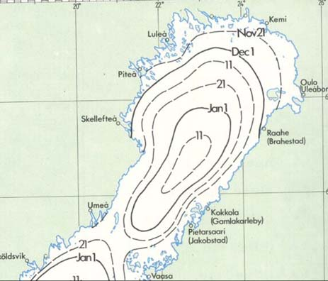 Kuva 5. Keskimääräinen jäätymisen ja jäänlähdön ajankohdat Pohjoisella Perämerellä (SMHI & Merentutkimuslaitos, 1982). Ilman lämpötila on määräävä tekijä jäätalven käynnistymisessä.