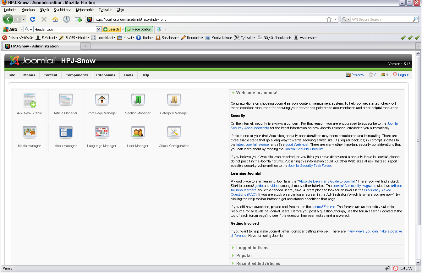 Joomla!:n hallintapaneeli on selkeä ja helppokäyttöinen.