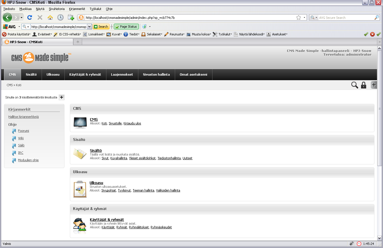 Kuva 8 Cms Made Simplen hallintapaneeli 5.2.4 WordPress WordPress asennus aloitetaan purkamalla zip-tiedosto WAMP:n wwwhakemistoon. Ennen asennusta pitää luoda WordPressille tietokanta valmiiksi.
