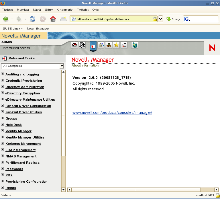 17 Kuvio 4. Novell imanagerin päänäkymä www-selaimessa. Kuviossa 4 vasemmalla näkyvät linkit ovat eri rooleja imanagerissa, joiden avulla eri toimintoja voidaan hallita.