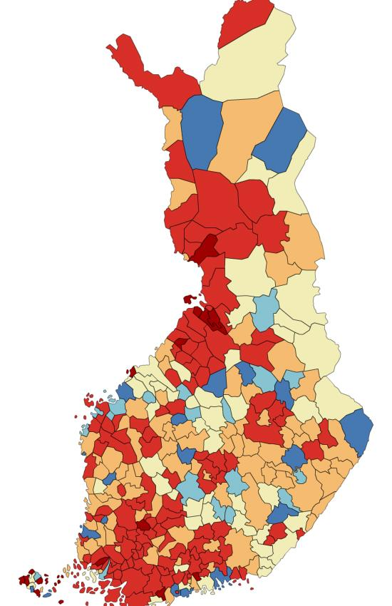 YHTEISÖVEROTULOT EUROA ASUKASTA KOHDEN KUNNITTAIN VUONNA 2015 Kartassa on kuvattu kuntien maksuunpantujen yhteisöverojen määrää euroina asukasta kohden vuonna 2015 Yhteisöverojen määrä vaihteli