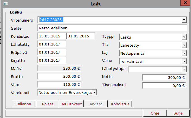 Reskontraan tehdään - Netto kuluva ei verokorjausta -verokoodilliselle laskulle vastavienti kirjauspäivällä 31.12.16.