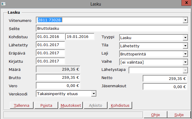 Reskontraan tehdään 19.12.2016 - Netto kuluva -verokoodilliselle laskulle vastavienti kirjauspäivällä 31.12.16. Eli tehdään samanlainen lasku kuin alkuperäinen, mutta summa negatiivisena.