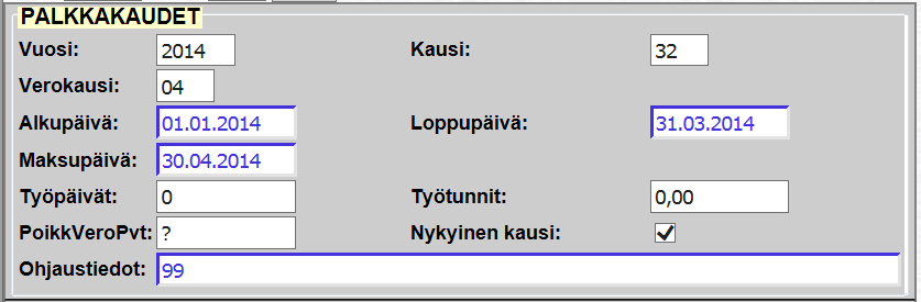 Tuntipalkkaisten palkkakausiesimerkki: Verokausi ei ole palkkakauden maksukuukausi, vaan se on juokseva numero 01:sestä alkaen.