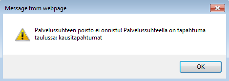 Populus poistaa palvelussuhteen ja kursori jää poiston jälkeen palvelussuhde-kenttään. Poistosta ei tule erillistä ilmoitusta.