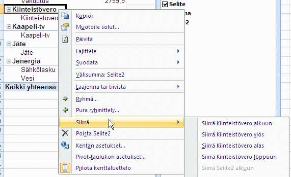Järjestäminen Oletuksena riviotsikot tulevat nousevaan suuruustai aakkosjärjestykseen Järjestämisen voi tehdä tarvittaessa uudestaan (esim.