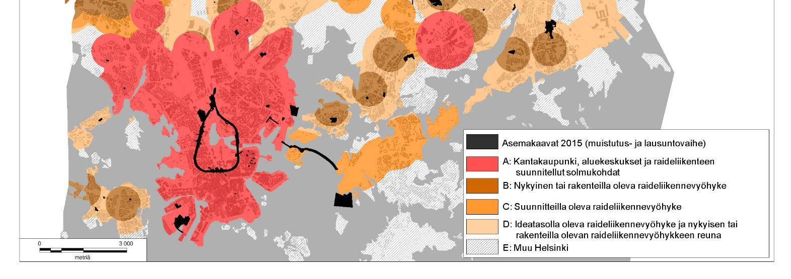 E (kerroin 1): Muu Helsinki Vuoden 2015 arvioinnissa käytetyt vyöhykkeet on Helsingin osalta esitetty kuvassa 1 ja kuvattu tarkemmin alla.