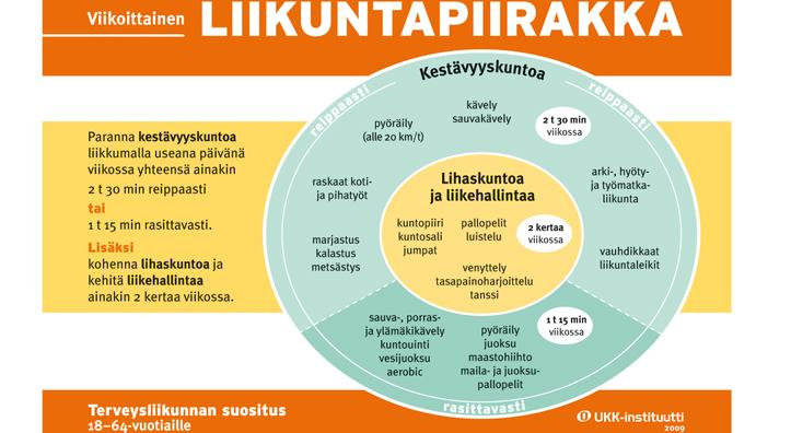 Liikuntasuositukset aikuisille (18-64 -vuotiaat) Työikäiselle väestölle suunnattu liikuntasuositus on vuodelta 2009. Suositus on kuvattu ns. liikuntapiirakkana (kuva alla).