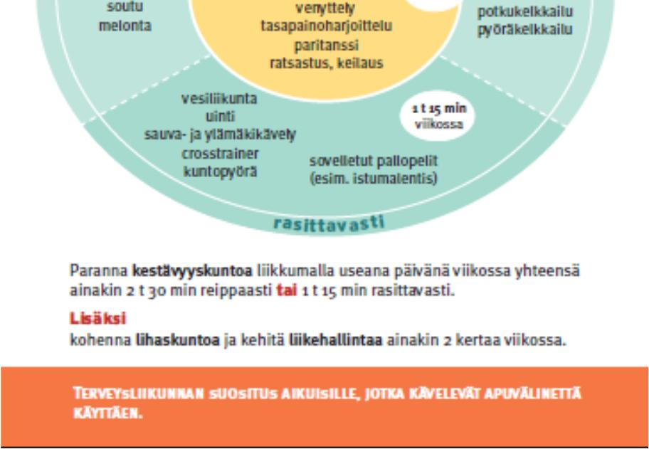 Soveltavat liikuntasuositukset Myös aikuisille, joiden toimintakyky on jollain tavoin alentunut tai sairaus vaikeuttaa liikkumista on laadittu omat liikuntapiirakat.