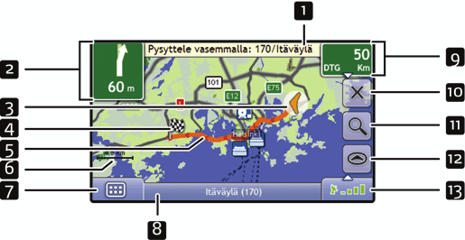 Yleiskuva reitistä -näyttö Yleiskuva reitistä -näyttö esittää reitin "lintuperspektiivistä". Huomautus: Tämä näyttö on käytettävissä vain, jos on laskettu reitti.