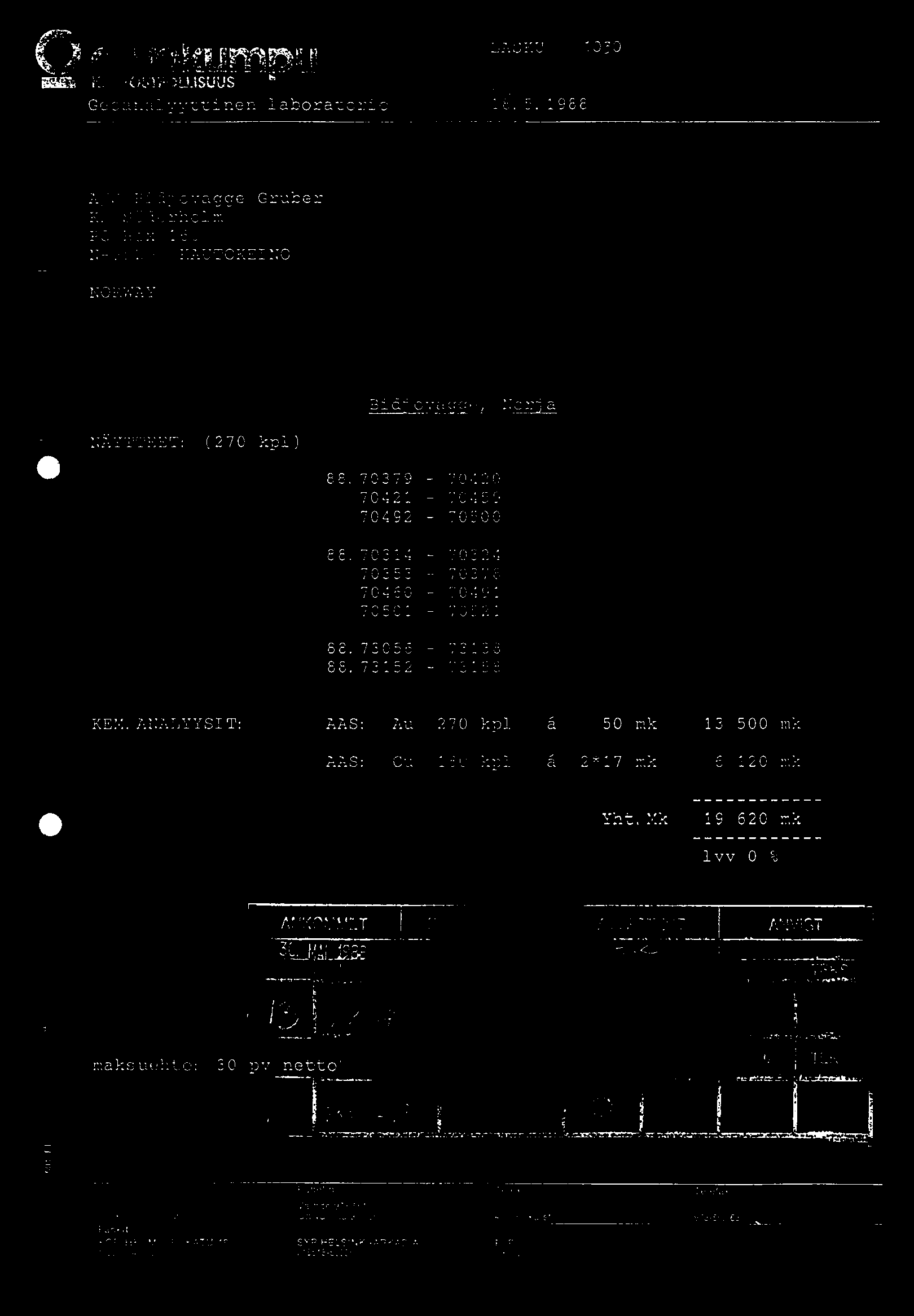 o outokumpu IGJVOSTEOLLISUUS Geoanalyyttinen laboratorio LASKU 1030 pffivårfluirå 18.5.1988 A/S Bidjovagge Gruber K.