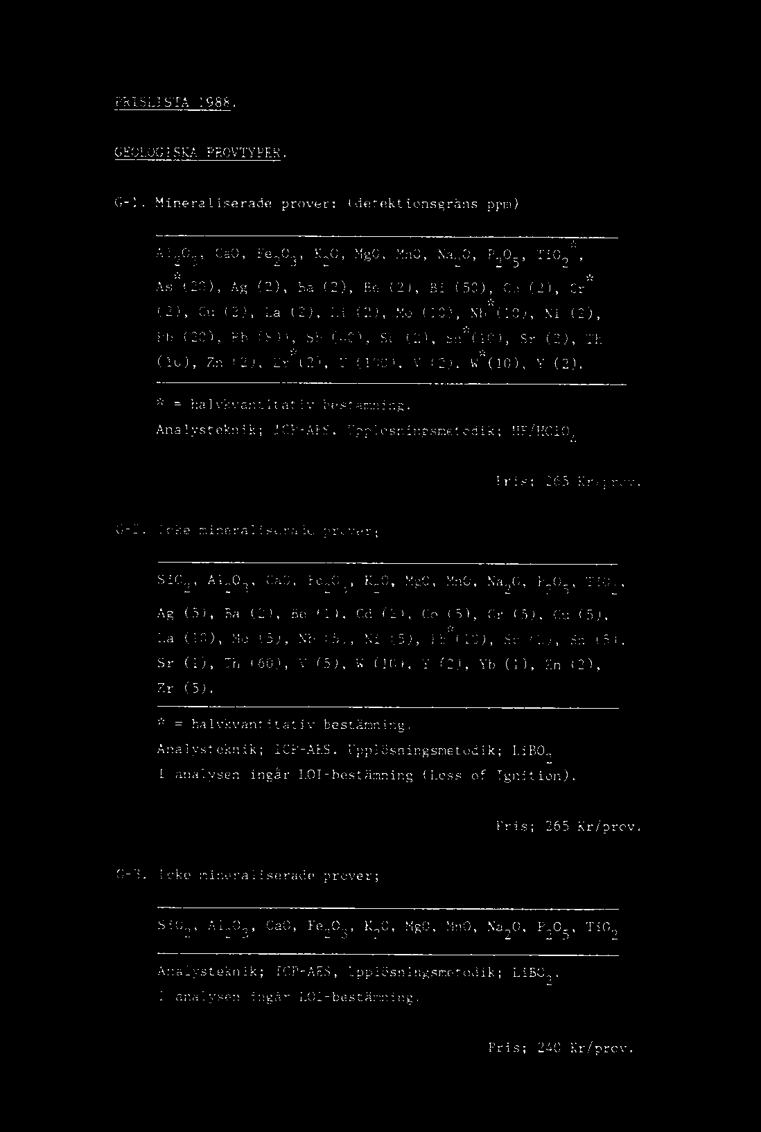 PRISLISTA1988. GEOLOGISKAPROVTYPER. G-I.