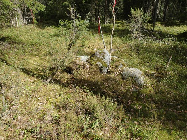 dempi sivu on karkeasti koillinen-lounais suuntainen. Merkintöjä ei havaittu. Vuoden 1954 peruskartan mukaan paikka on pitäjänrajan ja tilusrajan risteämiskohdassa.