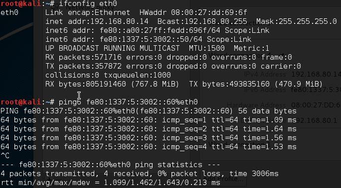 16 Kuvio 16. IPv6 ping Kali-Linuxilta katsottuna.