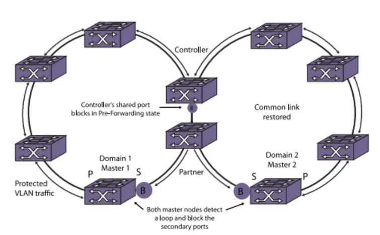4 Kuvio 1. Yksinkertainen EAPS-rengas. (Extreme Networks. Layer 2 Procols). EAPS-renkaita voi myös yhdistää, jolloin renkaiden välille tulee yhteinen linkki.