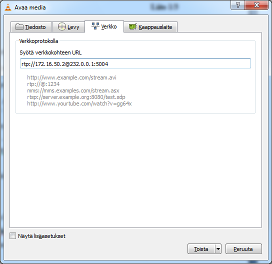 Liite 1/4 Asiakaskoneen vlc-asetukset 1. Avaa vlc-player 2. Mene valikkoon Media Avaa suoratoistoverkosta 3. Syötä verkkokohteen osoiteeseen rtp://172.16.50.
