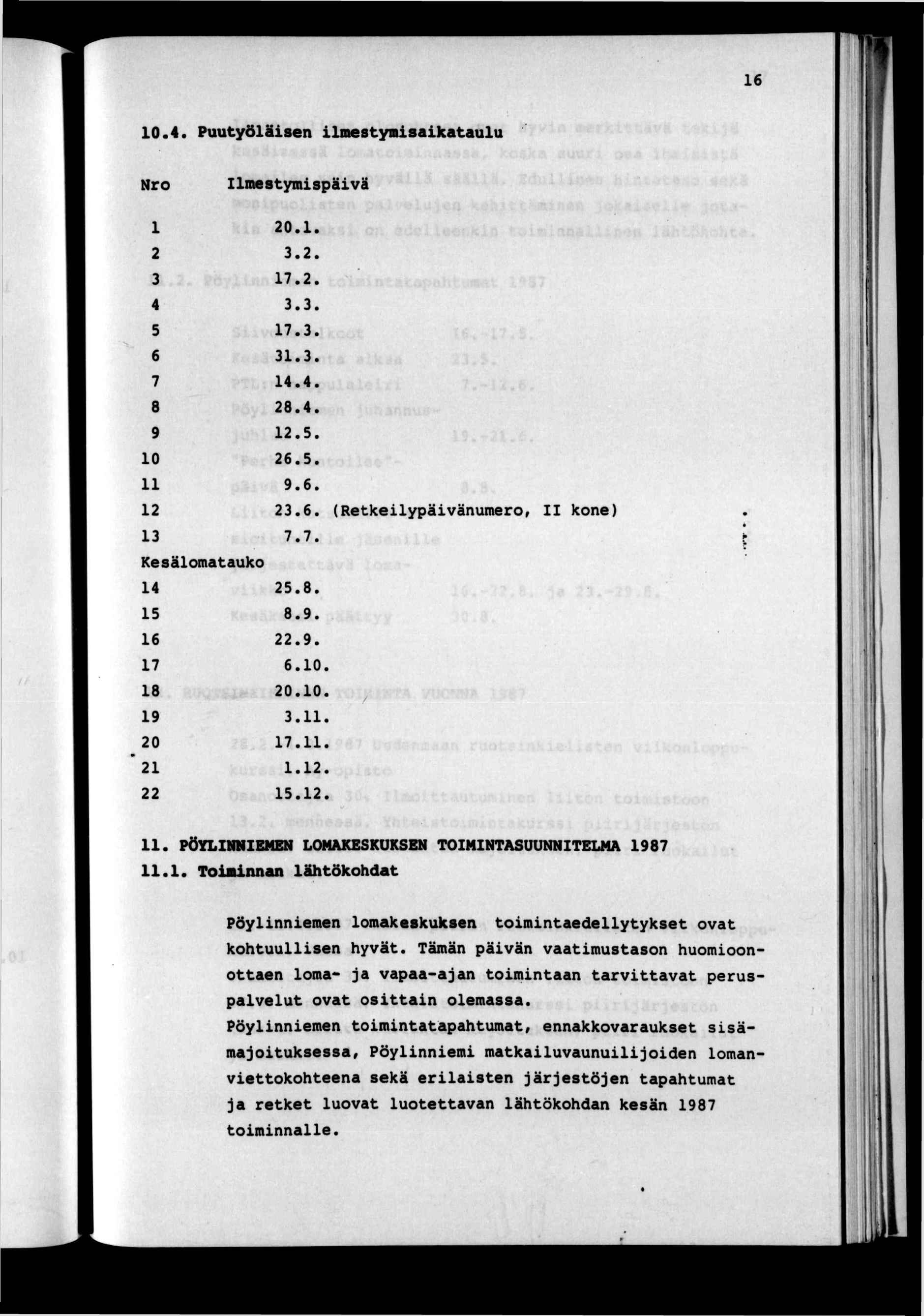 16 10.4. Puutyöläsen lmestynlsakataulu Nro lmestymspävä 1 20.1. 2 3.2. 3 17.2. 4 3.3. 5 17.3. 6 31.3. 7 14.4. 8 28.4. 9 12.5. 10 26.5. 11 9.6. 12 23.6. 13 7.7. Kesälomatauko 14 25.8. 15 8.9. 16 22.9. 17 6.