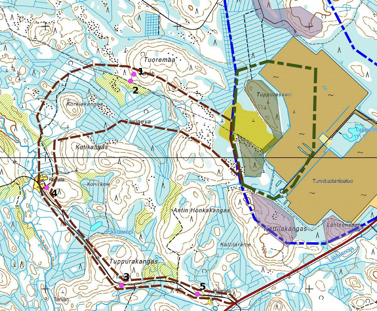 6 Yleiskartta. Kohteet 5. Inventointialueen rajaus katkoviivana (ruskea 4/305; sininen 7/04 ja vihreä 0/ 04), mk n. :0 000 Maanmittauslaitoksen maastokarttarasteri : 5 000; 04/05. 7. Kohdehakemisto Kohde.