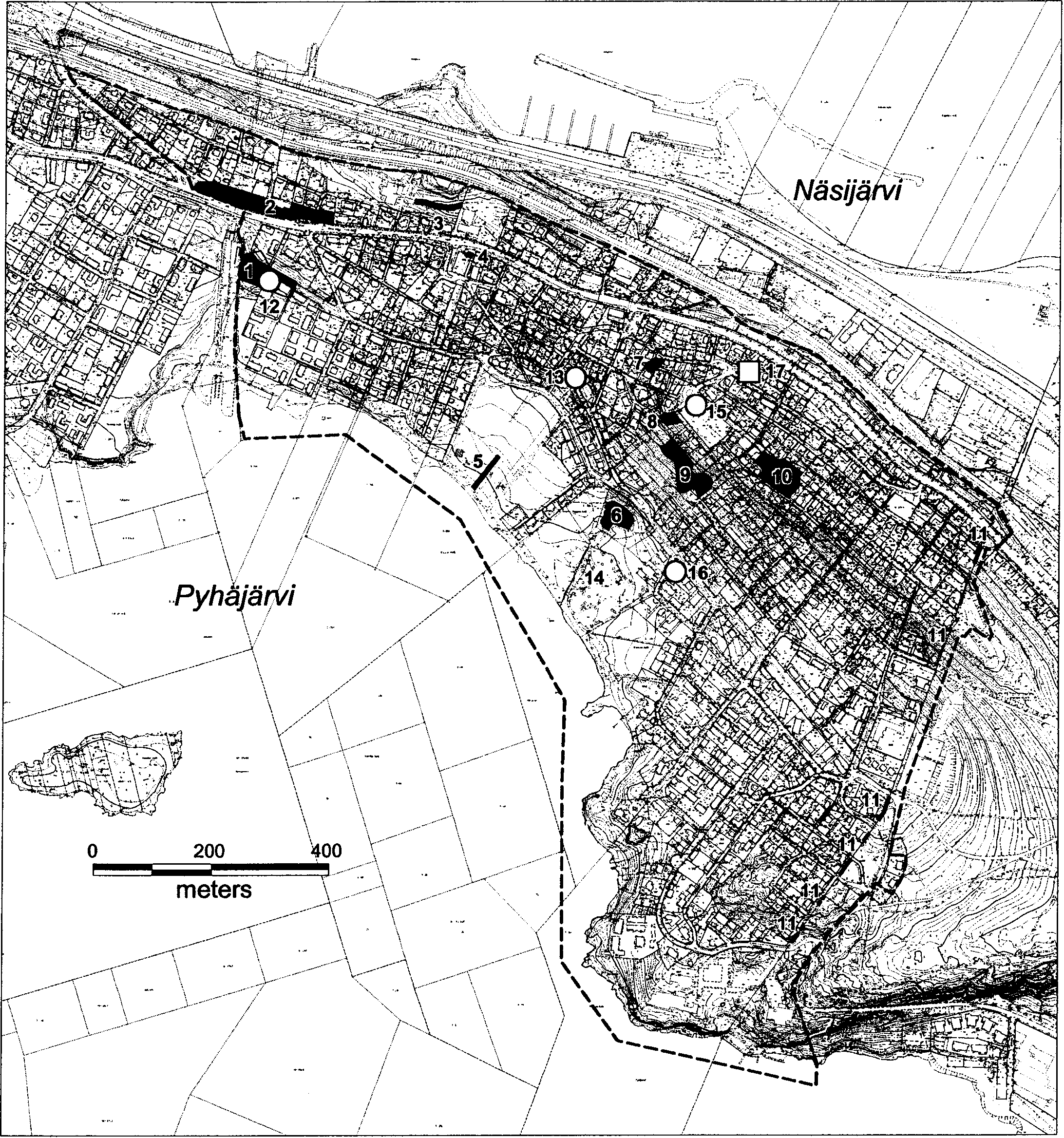 Tampere Ylä- ja Ala-Pispalan sekä Tahmelan arkeologinen inventointi 2008 Yleiskartta 1:10 000 Piirt. V. Adel.