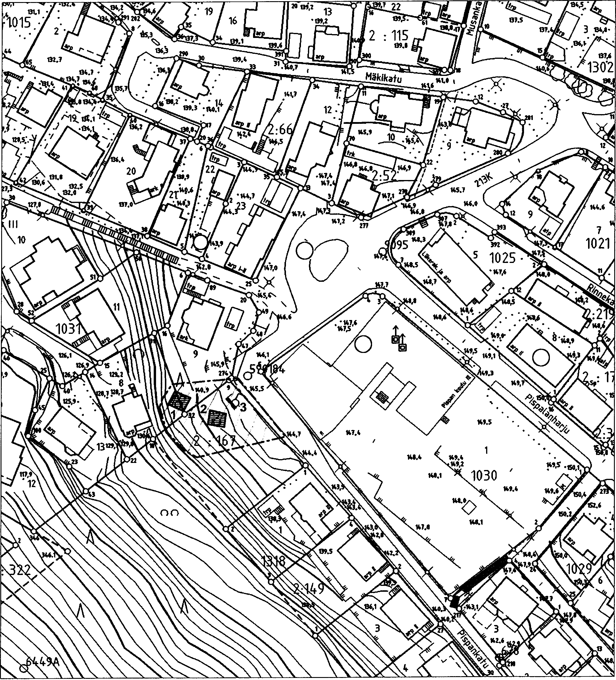 Tampere Ylä- ja Ala-Pispalan sekä Tahmelan arkeologinen inventointi 2008 8. Pispan koulu Yleiskartta 1:1000 Piirt. V. Adel.