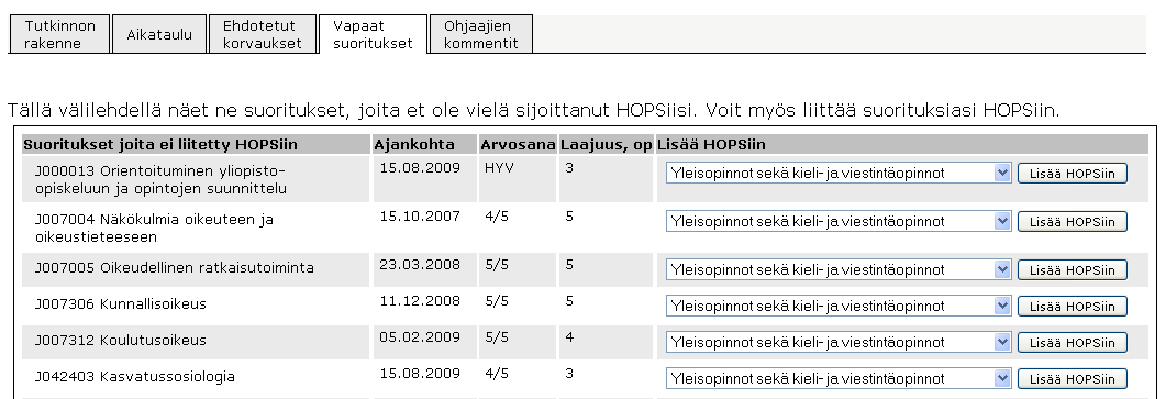 14 OodiHOPS käyttöohje - Opiskelija Sisältyvyyden versio vaihdetaan HOPSin opintokohteelle valitsemalla valintalistasta sisältyvyyden versio ja painamalla hae painiketta.