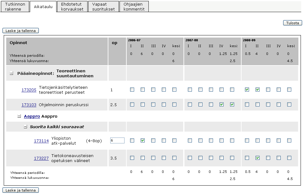 16 OodiHOPS käyttöohje - Opiskelija Kuva 12. Aikataulu -välilehti Aikataulu välilehdellä (Kuva 12 yllä) voi aikatauluttaa HOPSin kaikkia suorittamattomia kohteita kerralla.