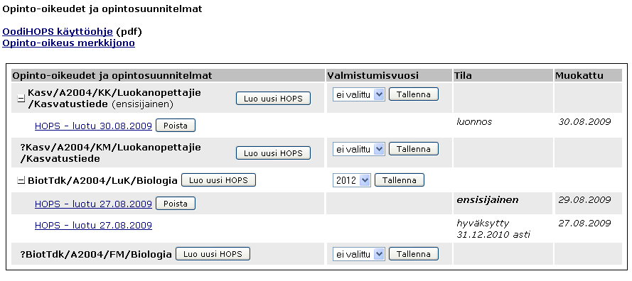 4 OodiHOPS käyttöohje - Opiskelija 3 OPISKELIJAN TOIMINNOT 3.1 YLEISTÄ OodiHOPS löytyy WebOodin vasemmasta valikosta Omat opinnot -kohdan jälkeen.