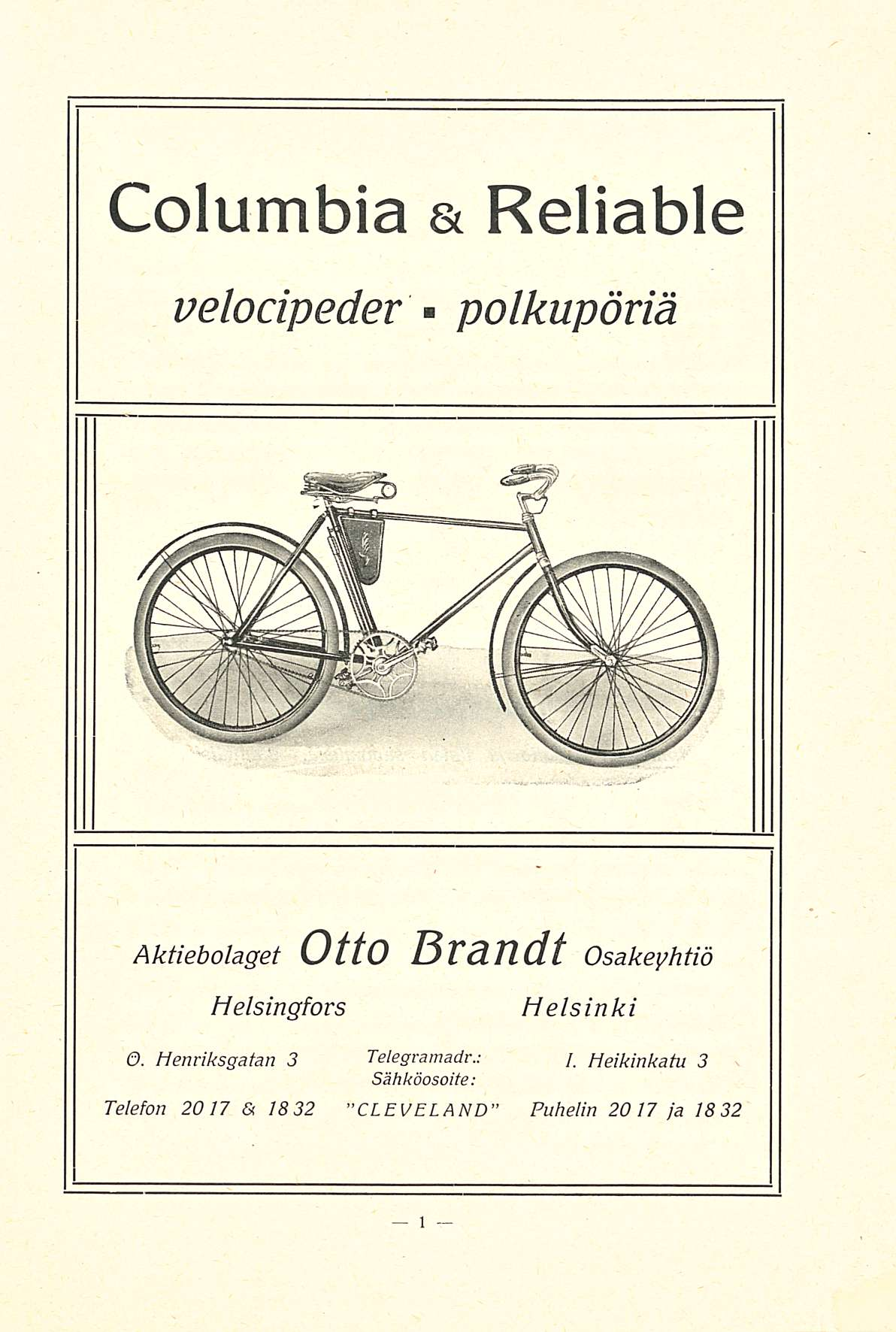 Columbia & Reliable velocipeder polkupöriä Aktiebolaget Otto Brandt Osakeyhtiö Helsingfors Helsinki O.