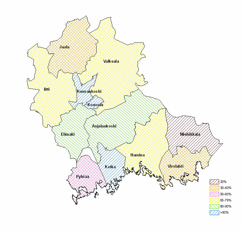 2.4 Viemäröinti, jäteveden käsittely ja lietteen käsittely 2.4.1 Liittymisaste viemäriverkkoon Viemäriverkoston kattavuus Kymenlaakson alueella vaihtelee huomattavasti kunnittain.