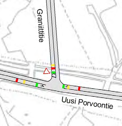 Jonopituudet illan huipputunnilla ennustetilanteessa 2035 Uuden Porvoontien (mt 170) liittyessä Taasjärventiehen ja Graniittitiehen (kuva: Synchro).