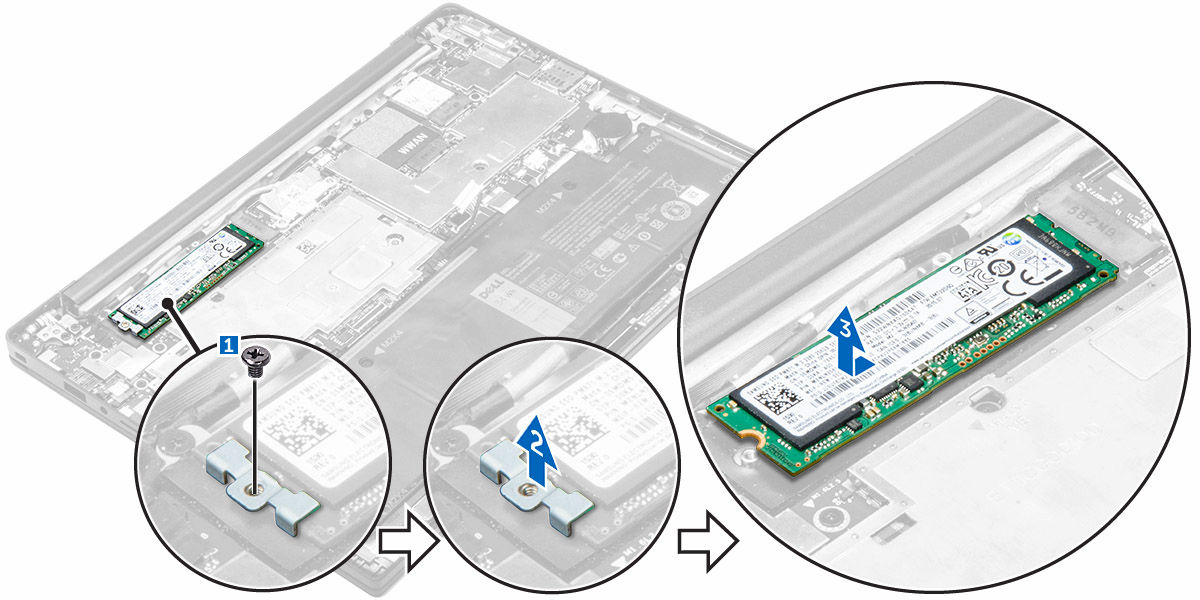 4. SSD-aseman irrottaminen: a. Irrota alumiinikelmu taitokseen saakka. b. Irrota ruuvi, jolla SSD-asema kiinnittyy tietokoneeseen [1]. c. Irrota SSD-aseman kiinnike [2]. d.