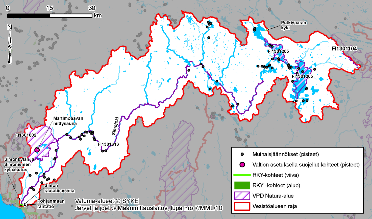 Kuva 7. Simojoen vesistöalueella sijaitsevat VPD Natura2000 -alueet ja kulttuuriympäristökohteet. 2.