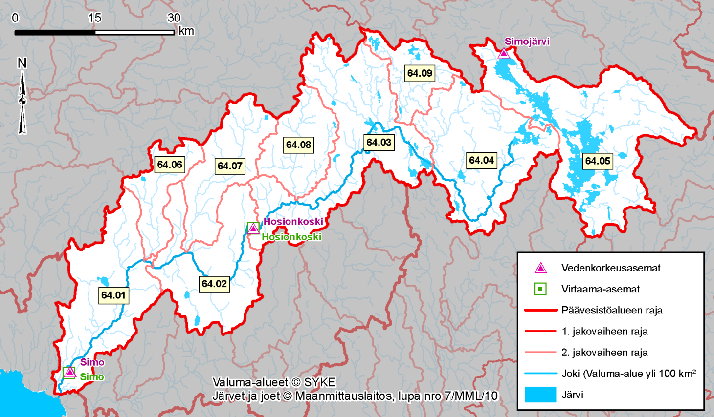 Taulukko 3. Simojoen vesistöalueen valuma-alueiden pinta-alat [F] ja järvisyys [L]. Nro Nimi Alaraja F km² L % F₁ km² L₁ % 64 Simojoen vesistöalue Perämeri 3 159,75 5,66 3 159,75 5,66 64.