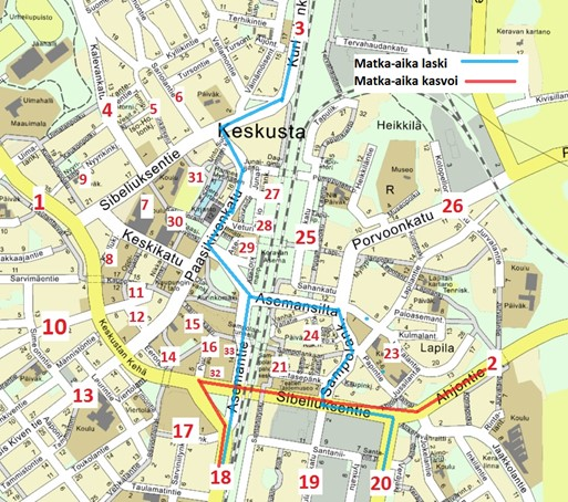 21 Kuva 19. Reitit joiden matka-ajat kasvoivat ja laskivat. 7.6 Vaihtoehto 2 Vaihtoehdon 2 muutokset ovat esiteltynä kuvassa 6. Vaihtoehdossa 2 on käytetty kuvan 4 lähtö- ja määräpaikkamatriisia. 7.6.1 Jonon maksimipituudet Kuvassa 20 on esitettynä vaihtoehdon 2 jonon maksimipituuksien keskiarvot.