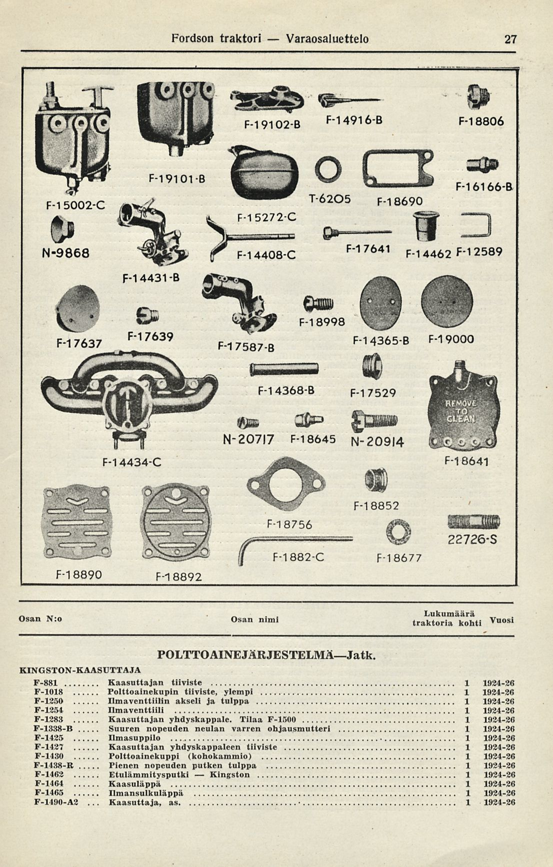 Kaasuttaja, Kingston. Varaosaluettelo Fordson traktori 27 T san N:o san nlm >. Vuosi POLTTO AINEJÄRJESTELMėJatk.