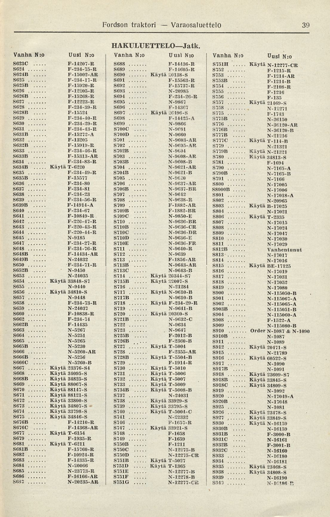Varaosaluettelo Käytä Fordson traktori 39 HAKULUETTELOJatk. Vanha Nro Uusi Nro Vanha Nro Uusi N:o Vanha Nro Uusi Nro 5623 C.