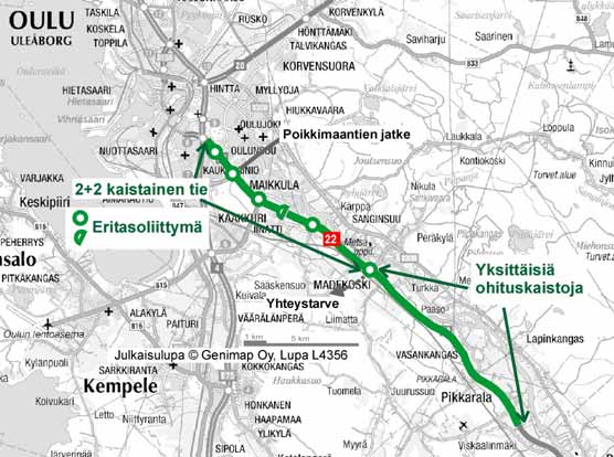 30 VT 22 kehittämisselvitys välillä valtatie 4 kaupungin raja KEHITTÄMISSUUNNITELMA Kuva 17. Valtatien 22 tavoitetilanne vuonna 2030. 4.1 Autoliikenne Valtatietä 22 ei ole aikaisemmin tutkittu Oulun kaupungin alueella kokonaisuudessaan tällä suunnittelutarkkuudella.