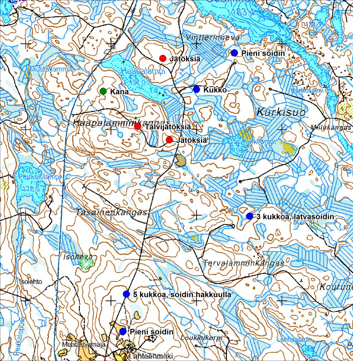 FCG SUUNNITTELU JA TEKNIIKKA OY Kaavaselostus 23 (100) Kuva 9 Havaitut teeren soidinpaikat (siniset pisteet). Vihreällä merkityssä pisteessä havaittiin yksi teerikana.