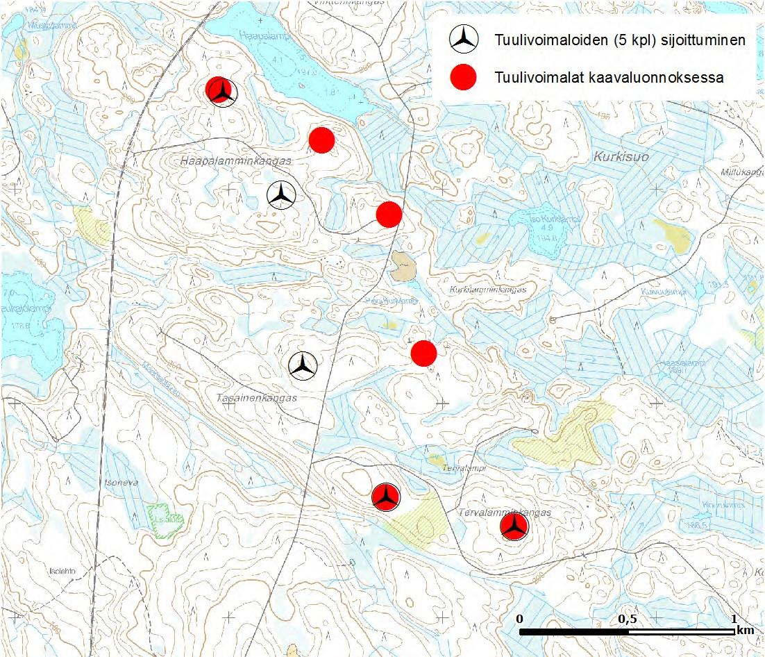 FCG SUUNNITTELU JA TEKNIIKKA OY Kaavaselostus 31 (100) Kuva 12 Haapalamminkankaan tuulivoimaloiden suunniteltu sijainti kaavaluonnoksessa (16.3.2015) verrattuna nykytilanteeseen. 6.