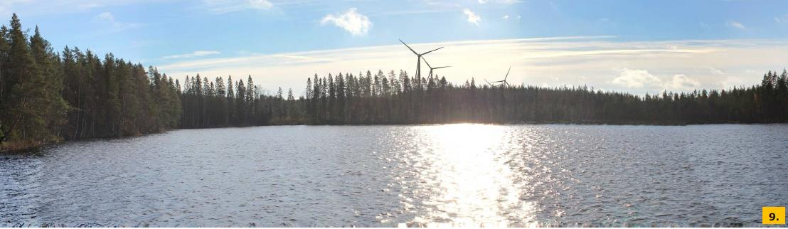 FCG SUUNNITTELU JA TEKNIIKKA OY Kaavaselostus 60 (100) Kuva 36 Ehdotusvaihe II. Näkymä on pienemmän Saarijärven itärannalta (Saarelantie ~200). Etäisyyttä lähimpään voimalaan on noin 3,7 kilometriä.