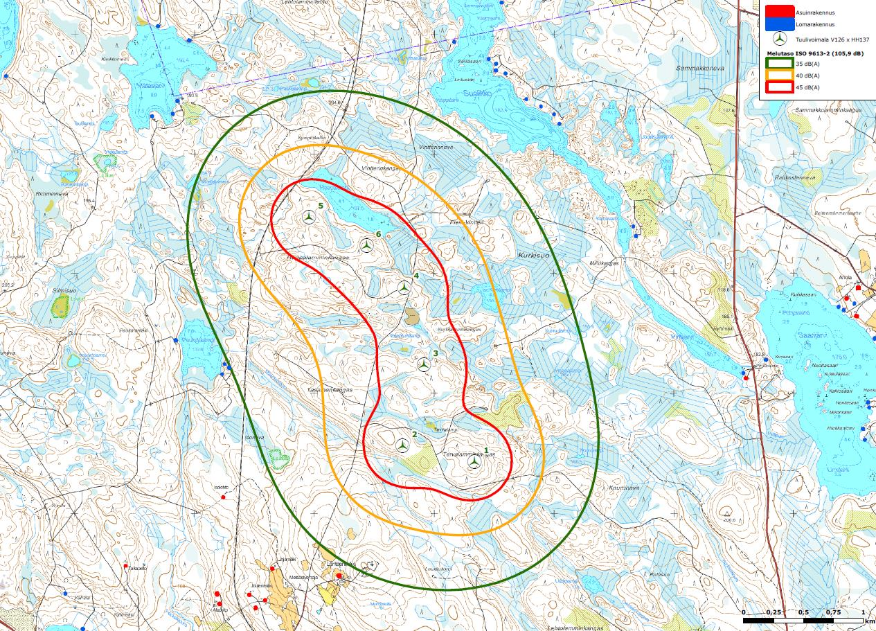 FCG SUUNNITTELU JA TEKNIIKKA OY Kaavaselostus 70 (100) Tuulivoimaloiden aiheuttamat äänenpainetasot on mallinnettu WindPRO laskentaohjelmalla ISO 9613-2 standardin mukaisesti.