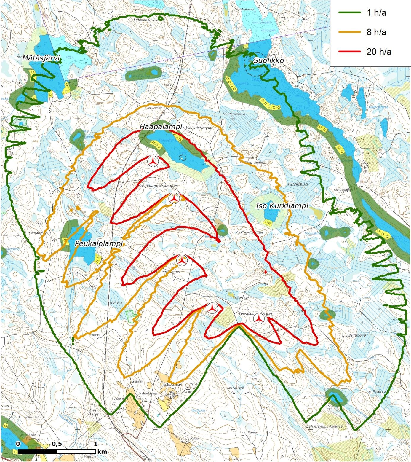 FCG SUUNNITTELU JA TEKNIIKKA OY Kaavaselostus 95 (100) Kuva 59 Varjostusvaikutus suhteessa Saarijärven pienvesistöjen alustavaan rantayleiskaava luonnokseen.