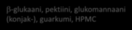 arabinoksylaani, kauran ja ohran b-glukaani, pektiini, PMC, resistentti tärkkelys b-glukaani, pektiini, glukomannaani (konjak-), guarkumi, PMC hra- ja kaurajyvän