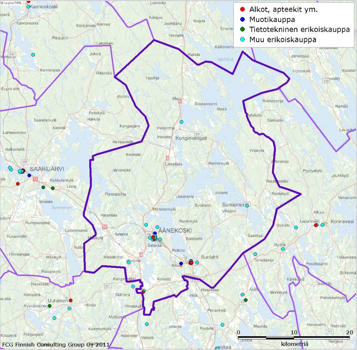 FCG Finnish Consulting Group Oy 125 (147) Kuva 10. Äänekosken muut erikoiskaupan myymälät vuonna 2007 (Myymälätiedot Tilastokeskus. Pohjakartta Logica Suomi Oy, Maanmittauslaitos 2011).