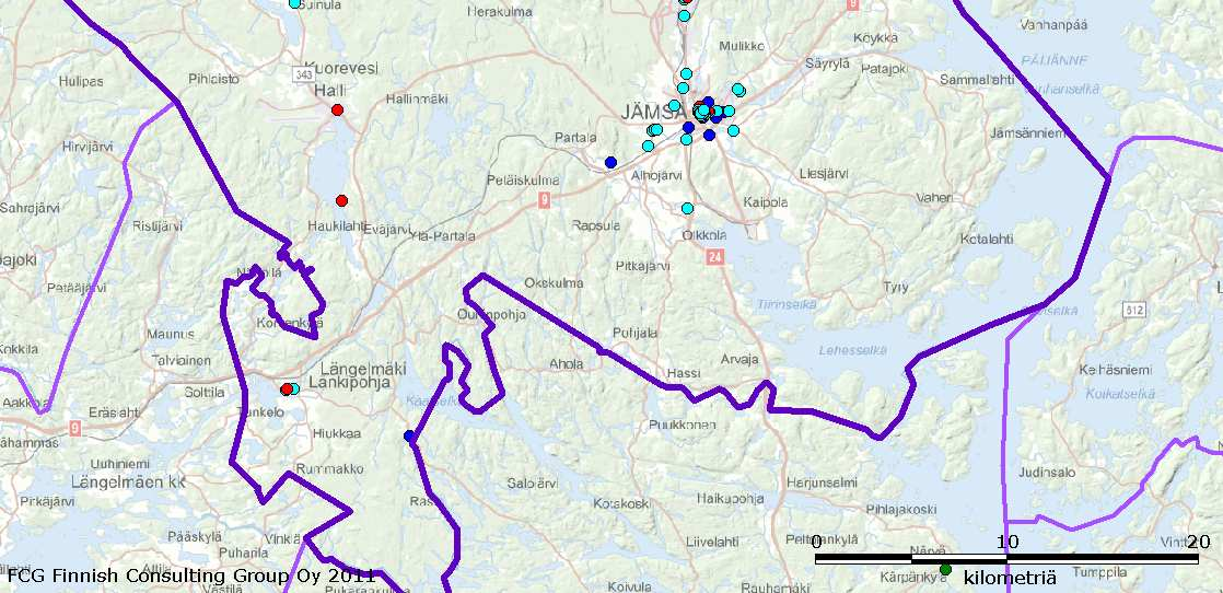 FCG Finnish Consulting Group Oy 39 (147) Kuva 9. Jämsän muun erikoiskaupan myymälät vuonna 2007 (Myymälätiedot Tilastokeskus. Pohjakartta Logica Suomi Oy, Maanmittauslaitos 2011).