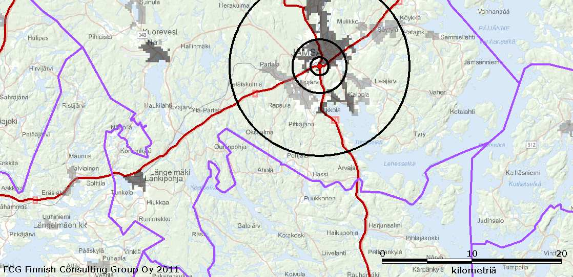 Työpaikkamäärä oli alle kilometrin etäisyydellä noin 200 työpaikkaa ja alle kolmen kilometrin etäisyydellä noin 3400 työpaikkaa vuonna 2007.