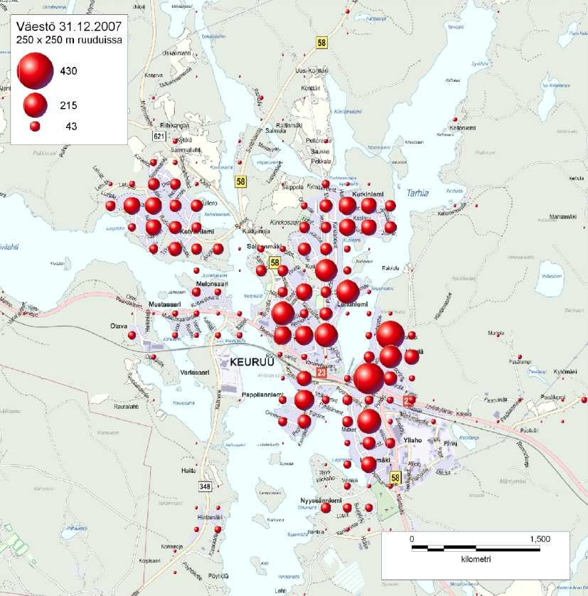 FCG Finnish Consulting Group Oy 51 (147) Kuvassa 3 on esitetty väestön sijoittuminen Keuruun keskustan alueella vuoden 2007 lopussa.