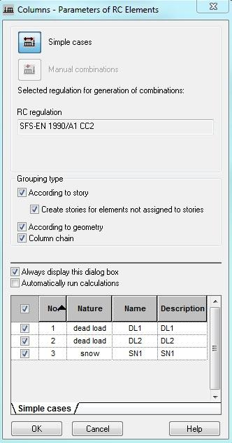 Columns Parameters of RC Elements ikkuna avautuu, josta valitaan mitoituksessa käytettävät kuormitusyhdistelmät (Simple cases / Manual