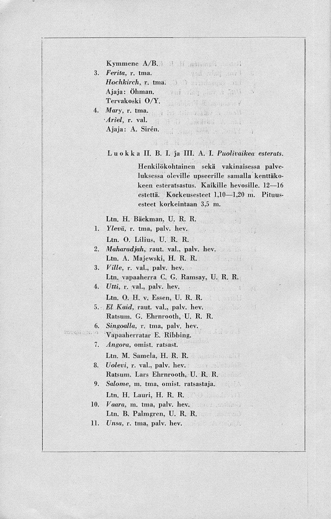 Kymmene A/B. 3. Feritä, r. tma. Hochkirch, r. tma. Ajaja: Öhman. Tervakoski O/Y. 4. Mary, r. tma. Ariel, r. vai. Ajaja: A. Sirén. Luokka 11. B. I. ja 111. A. I. Puolivaikea esterats.